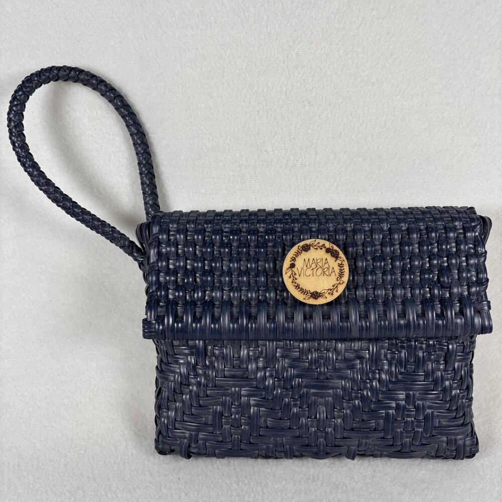 Maria Victoria Navy Handwoven Recycled Plastic Fold-Over Snap Wristlet Clutch